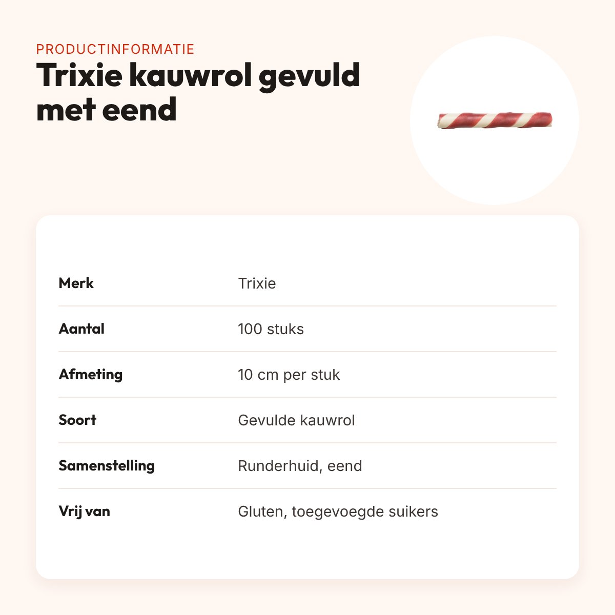 Trixie kauwrol gevuld met eend 10 cm – glutenvrij, 100 stuks – productinformatie