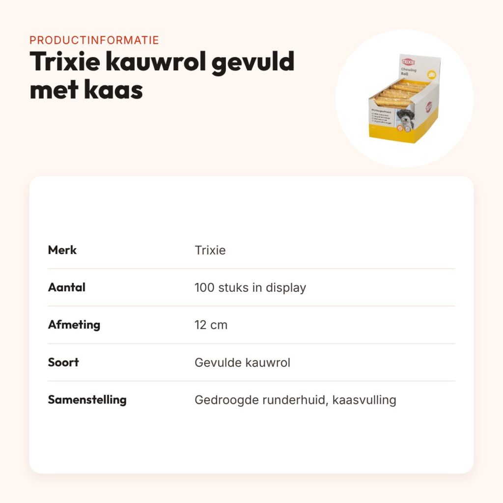 Trixie kauwrol gevuld met kaas 12 cm – gedroogde runderhuid, 100 stuks – productinformatie