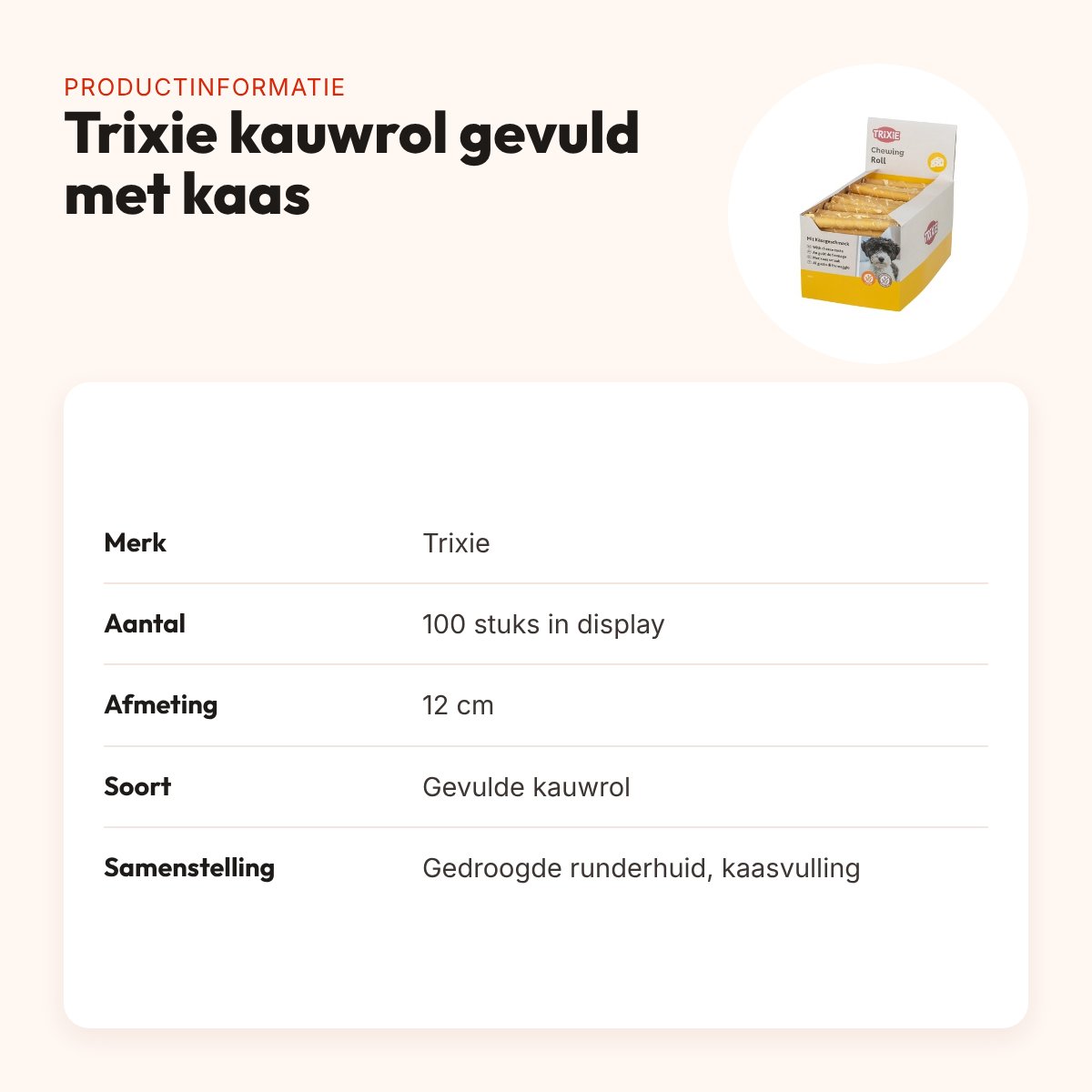 Trixie kauwrol gevuld met kaas 12 cm – gedroogde runderhuid, 100 stuks – productinformatie