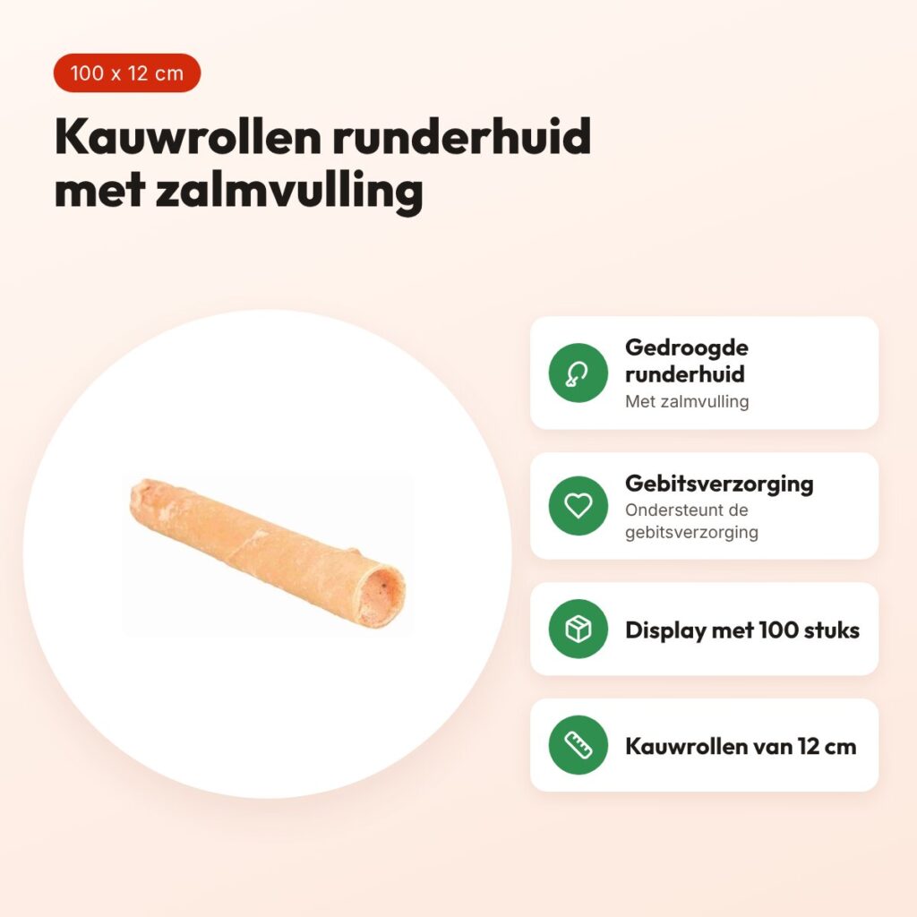 Trixie kauwrollen gevuld met zalm 12 cm – gedroogde runderhuid, 100 stuks – voordelen