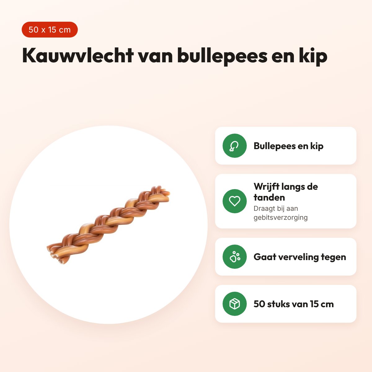 Trixie kauwvlecht met bullepees 15 cm – kip, 50 stuks – voordelen