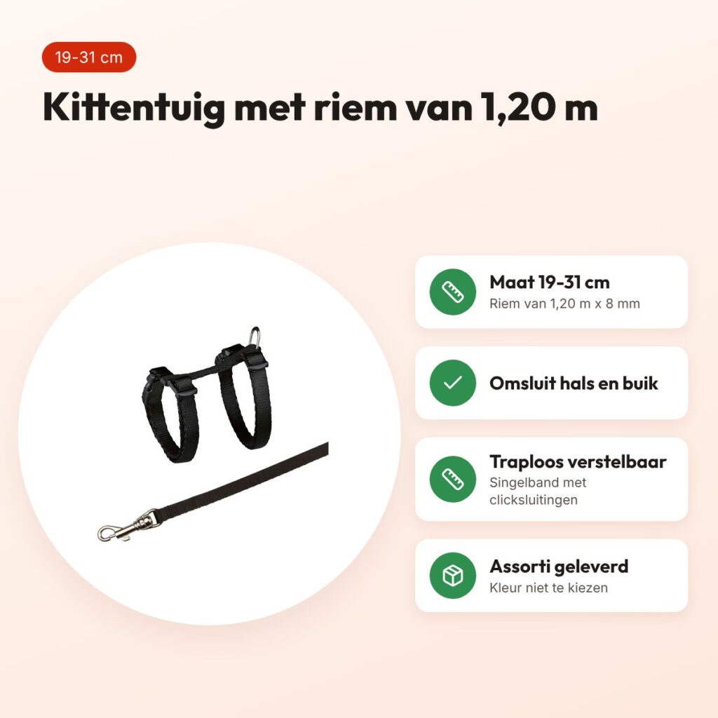 Trixie kittentuig met riem 19-31 cm – assorti, riem 1,20 m – voordelen