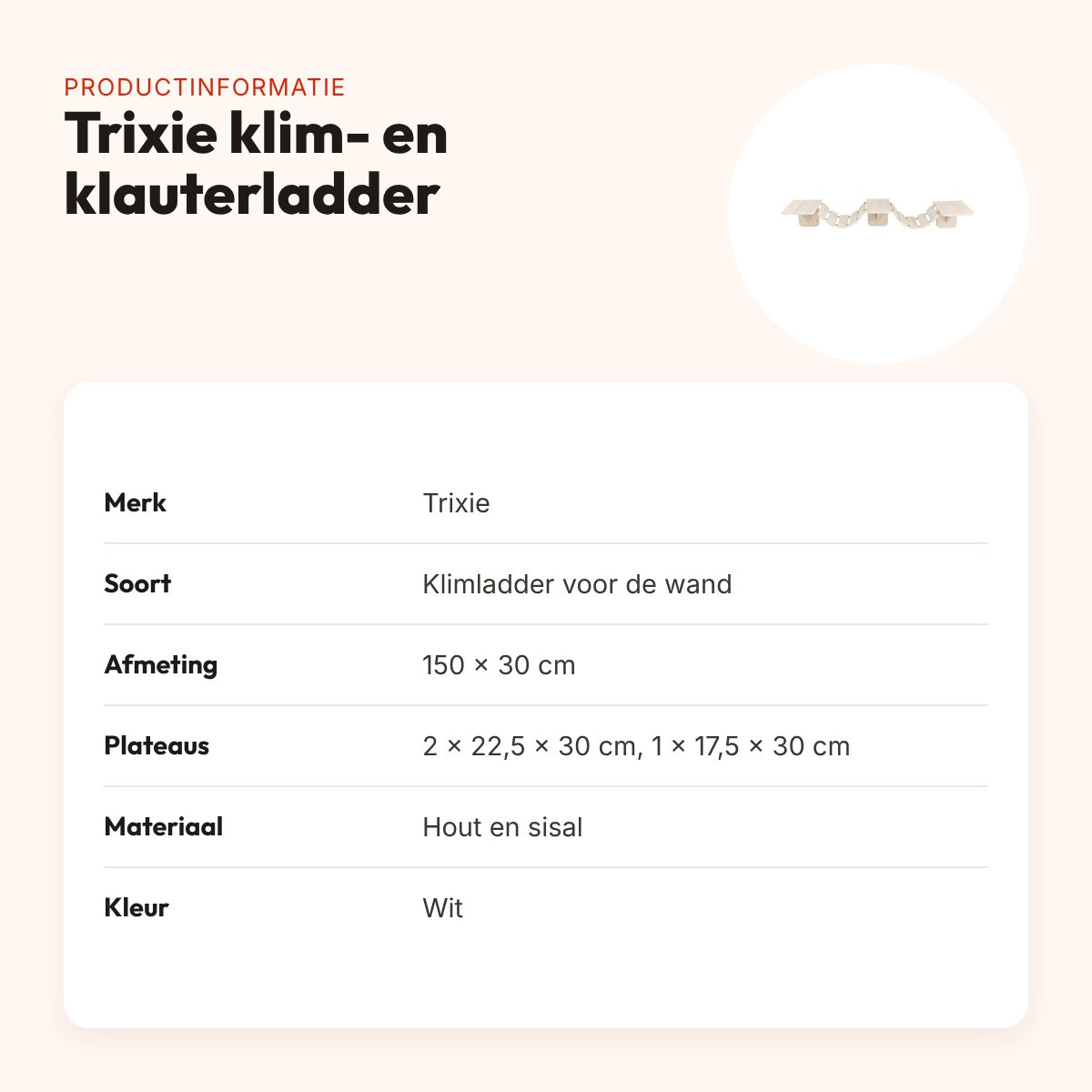 Trixie klim- en klauterladder voor de wand 150 x 30 cm – drie plateaus – productinformatie