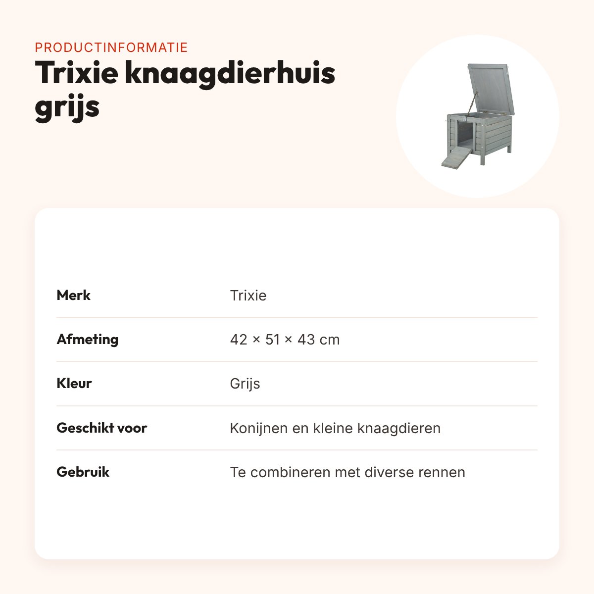 Trixie knaagdierhuis grijs 42 x 51 x 43 cm – opklapbaar dak, deurklep – productinformatie