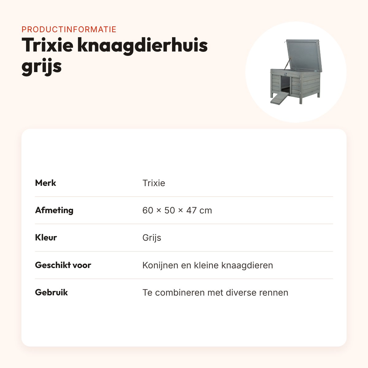 Trixie knaagdierhuis grijs 60 x 50 x 47 cm – opklapbaar dak, deurklep – productinformatie