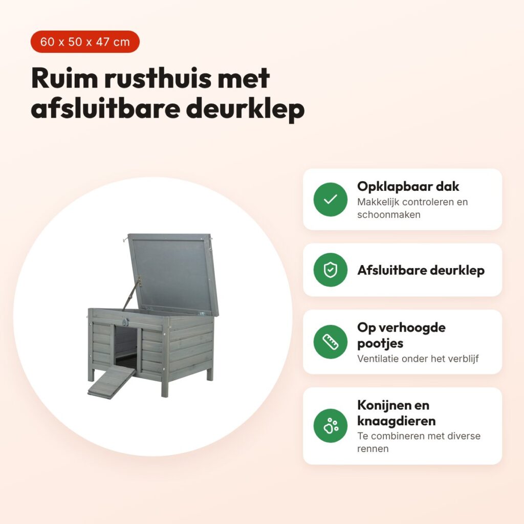 Trixie knaagdierhuis grijs 60 x 50 x 47 cm – opklapbaar dak, deurklep – voordelen