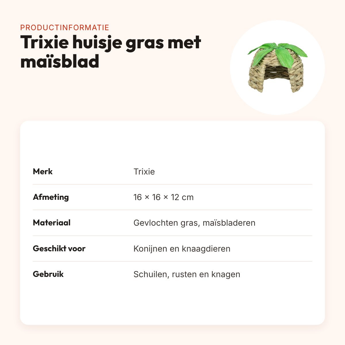 Trixie knaagdierhuisje gras met maïsbladeren 16 x 16 x 12 cm – productinformatie
