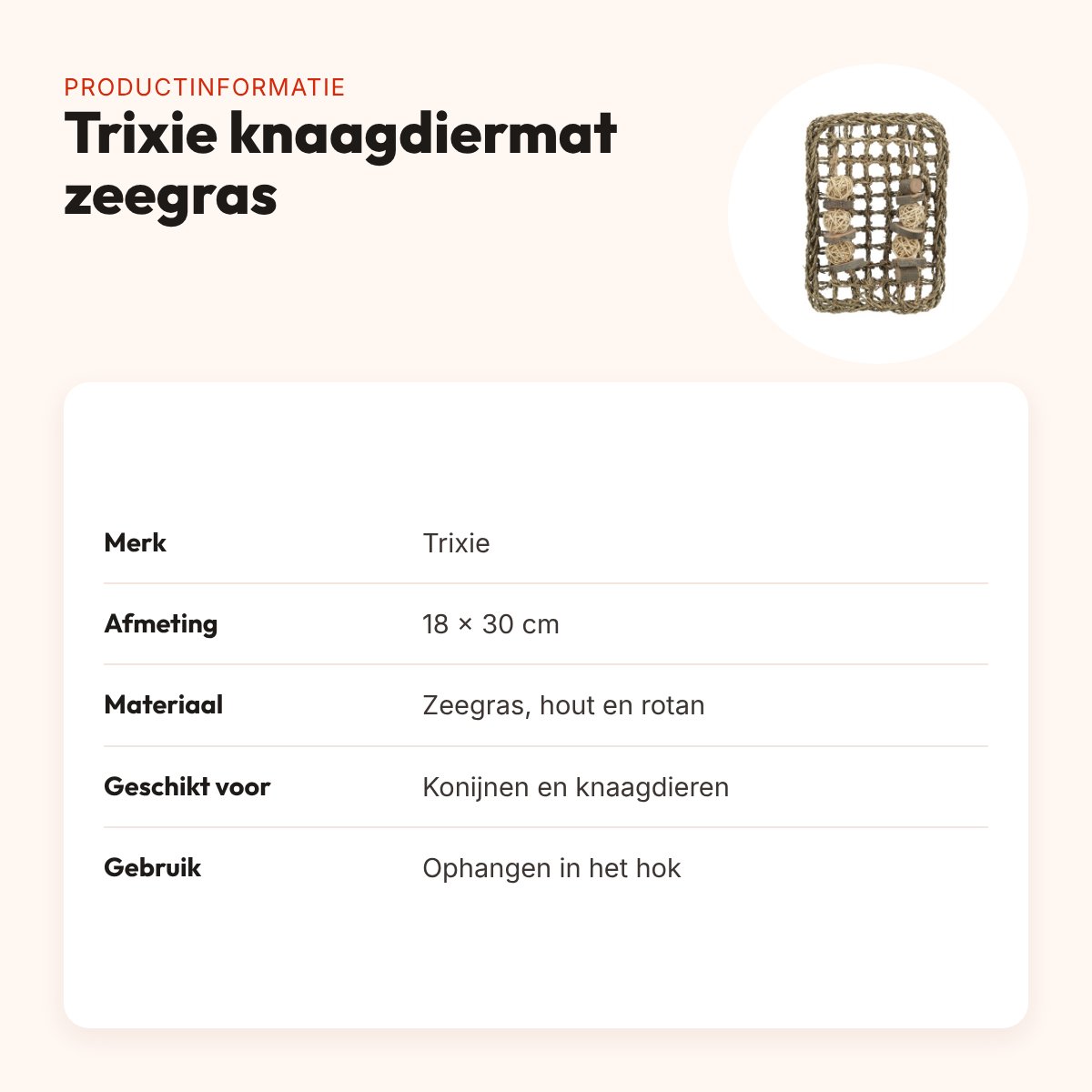 Trixie knaagdiermat van zeegras 18 x 30 cm – met houten en rotan balletjes – productinformatie