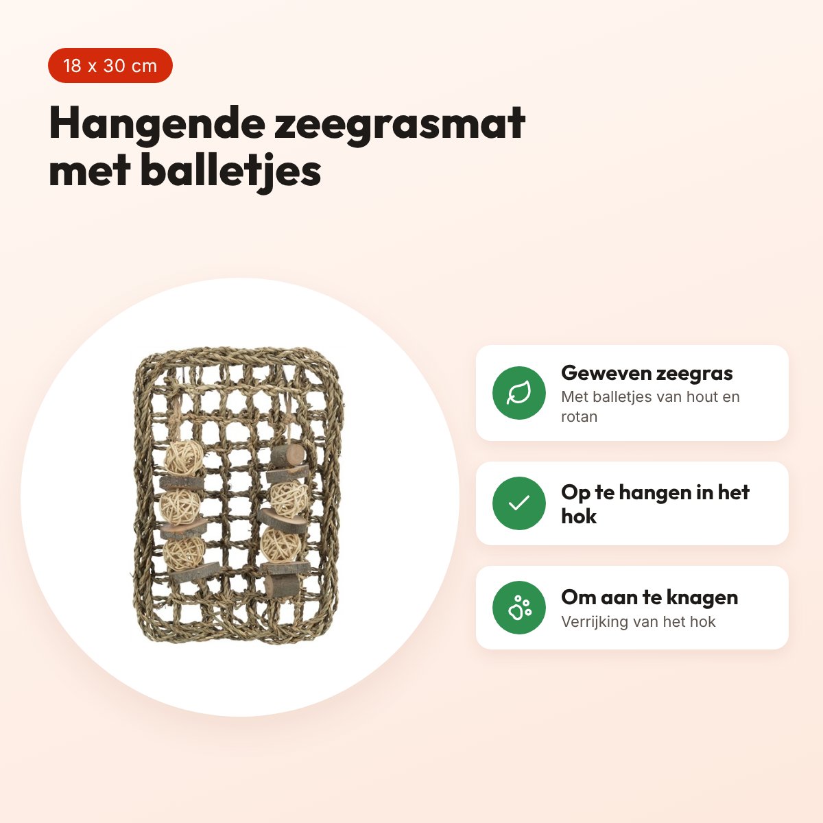 Trixie knaagdiermat van zeegras 18 x 30 cm – met houten en rotan balletjes – voordelen