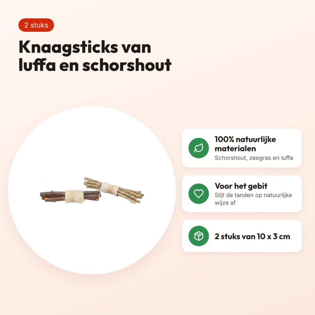 Trixie knaagsticks luffa, schorshout en zeegras 10 x 3 cm – 2 stuks – voordelen