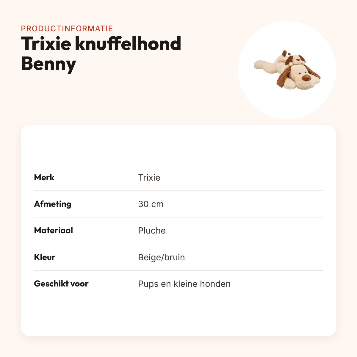 Trixie knuffelhond Benny pluche beige/bruin 30 cm – zonder geluid – productinformatie