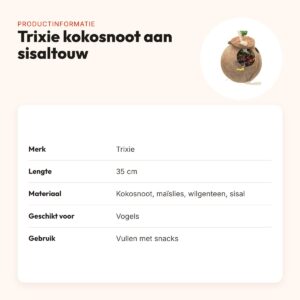 Trixie kokosnoot aan sisaltouw 35 cm – vulbaar vogelspeelgoed – productinformatie