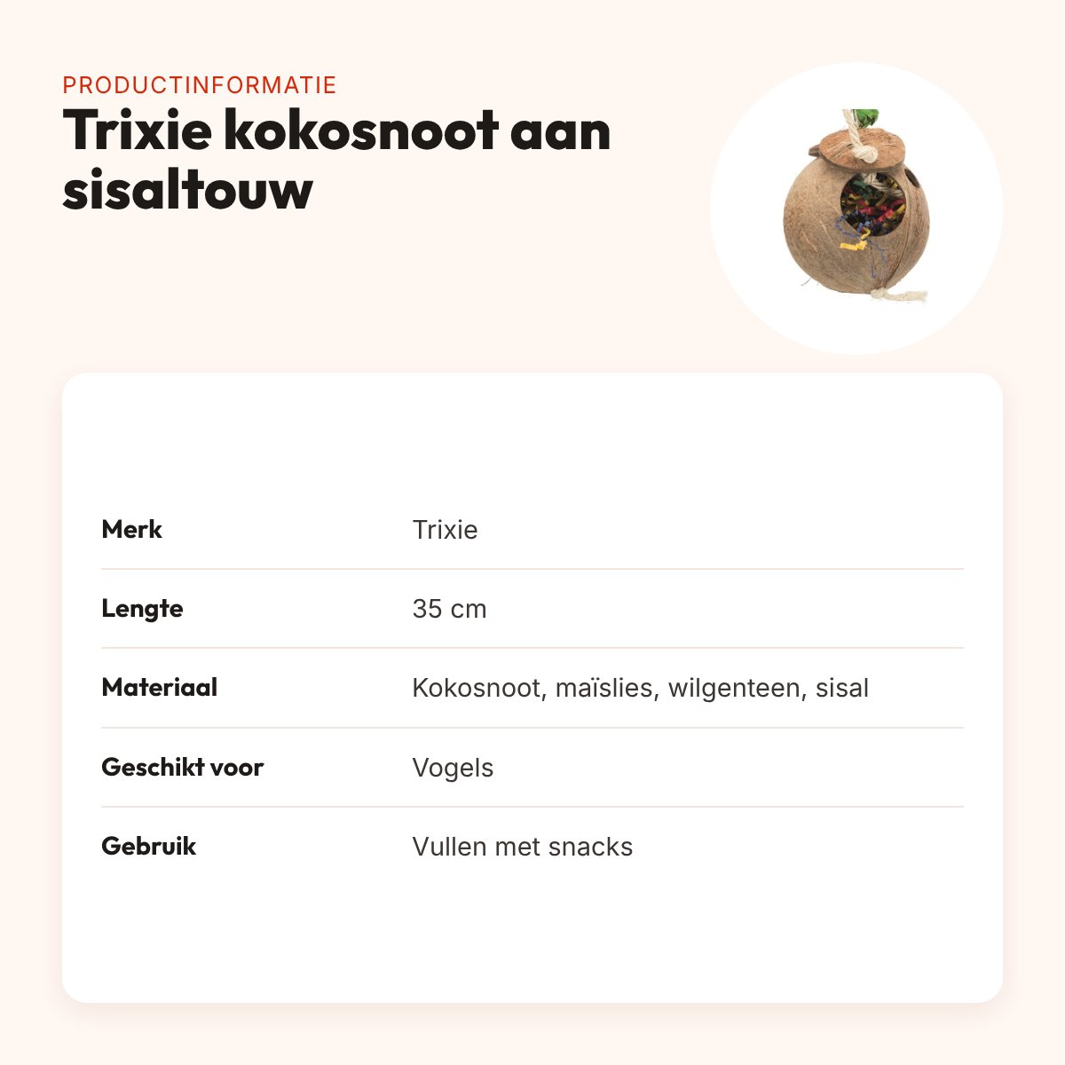 Trixie kokosnoot aan sisaltouw 35 cm – vulbaar vogelspeelgoed – productinformatie