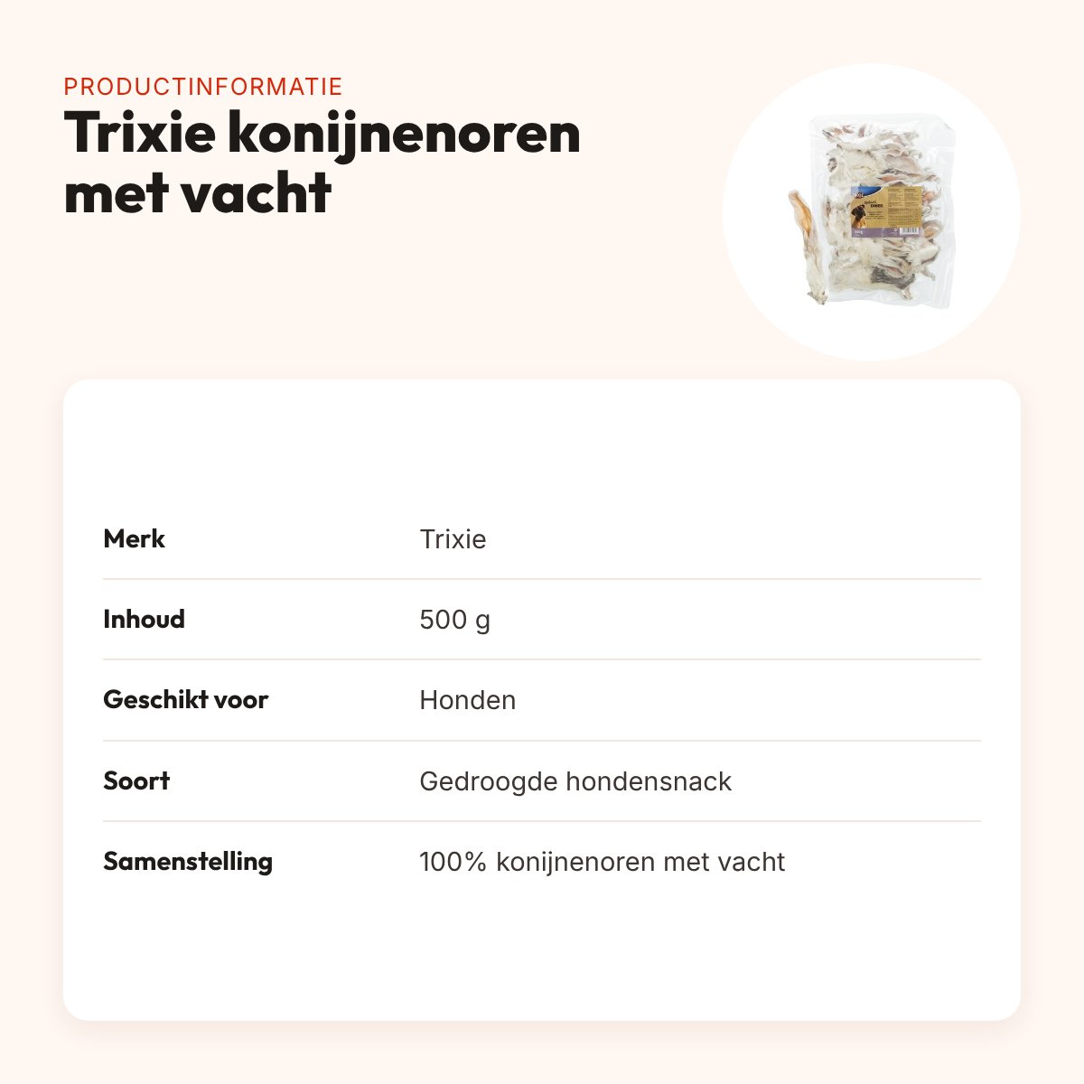 Trixie konijnenoren met vacht 500 g – vezelrijke hondensnack – productinformatie
