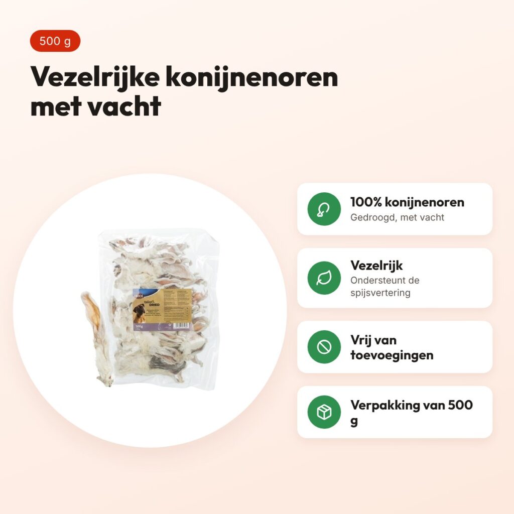 Trixie konijnenoren met vacht 500 g – vezelrijke hondensnack – voordelen
