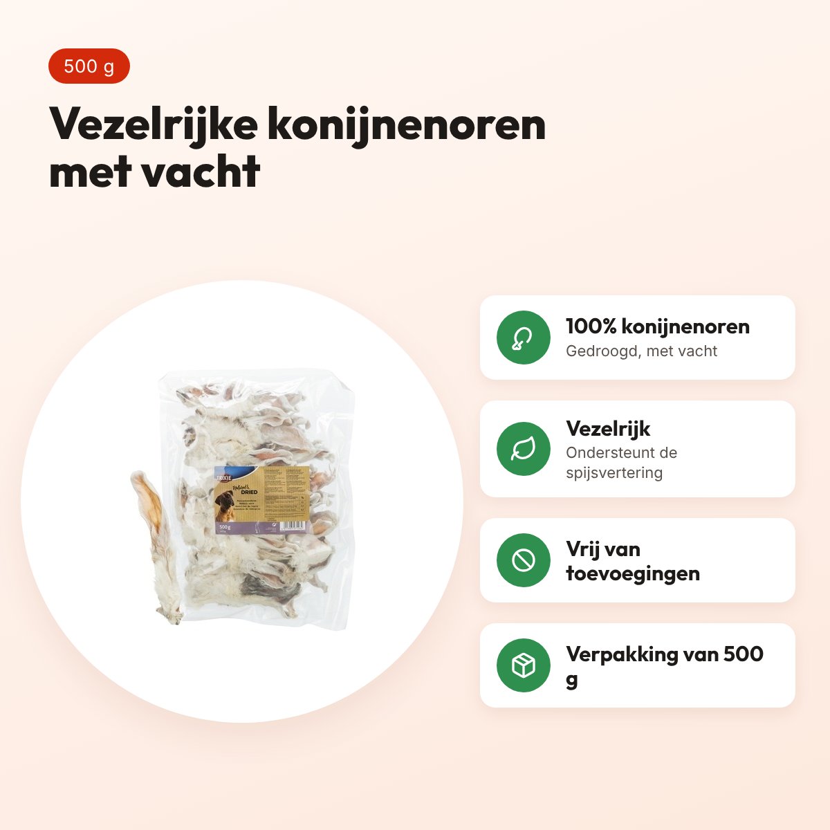 Trixie konijnenoren met vacht 500 g – vezelrijke hondensnack – voordelen