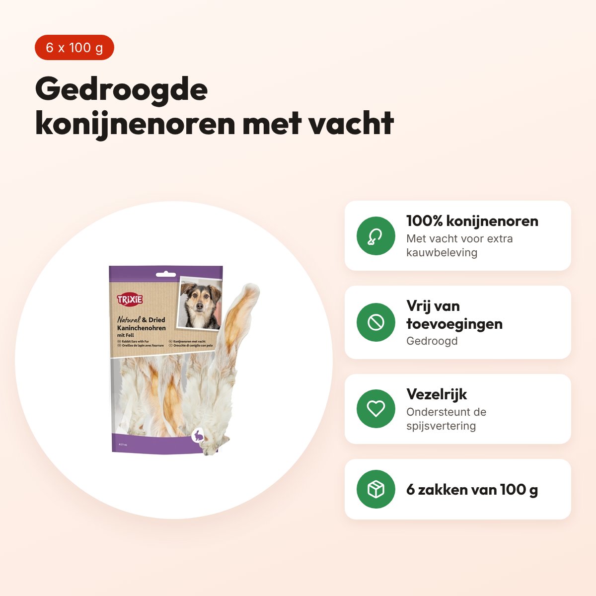 Trixie konijnenoren met vacht 6 x 100 g – gedroogde hondensnack – voordelen