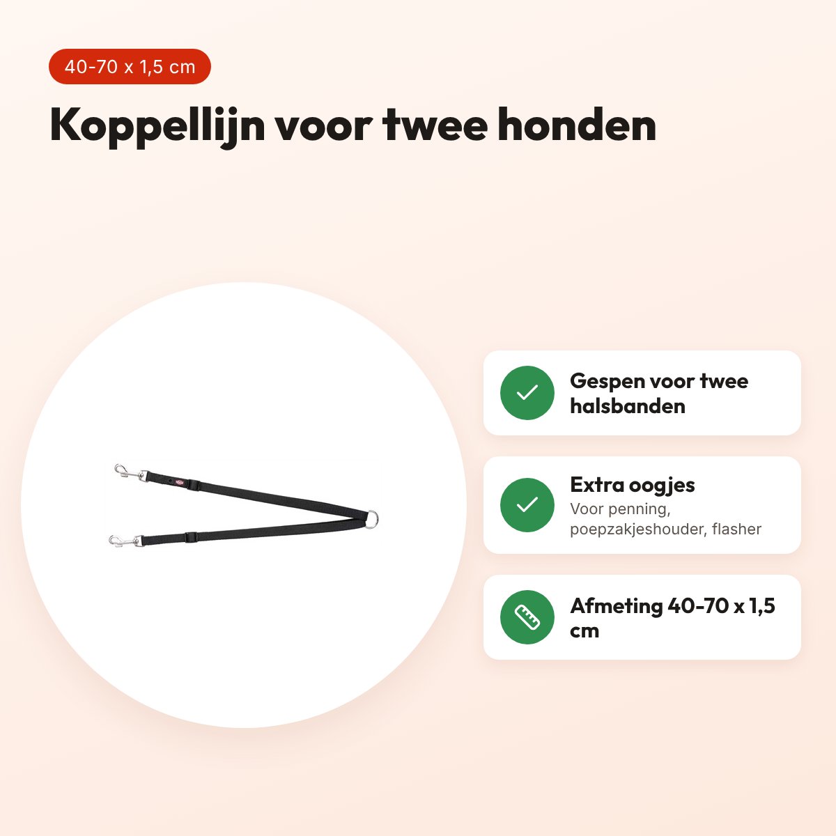 Trixie koppellijn Premium zwart 40-70 x 1,5 cm – voor twee honden – voordelen