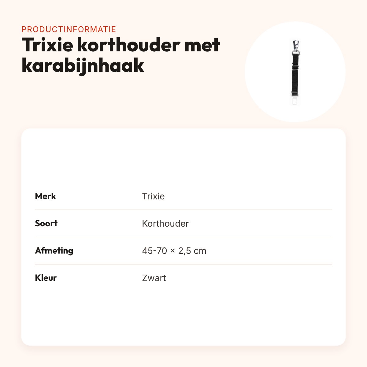 Trixie korthouder met karabijnhaak zwart 45-70 cm – voor autotuig – productinformatie
