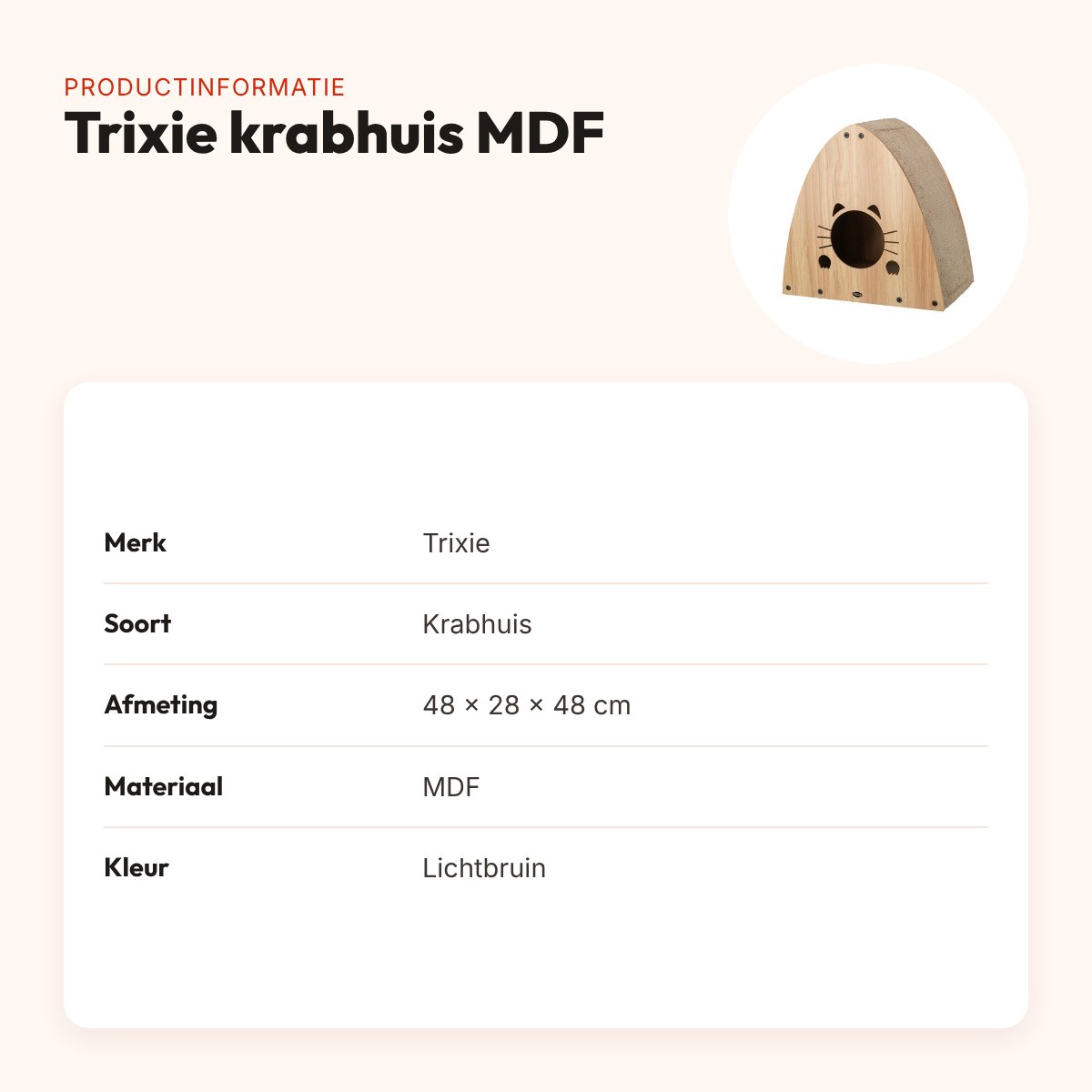 Trixie krabhuis MDF lichtbruin 48 x 28 x 48 cm – met catnip – productinformatie