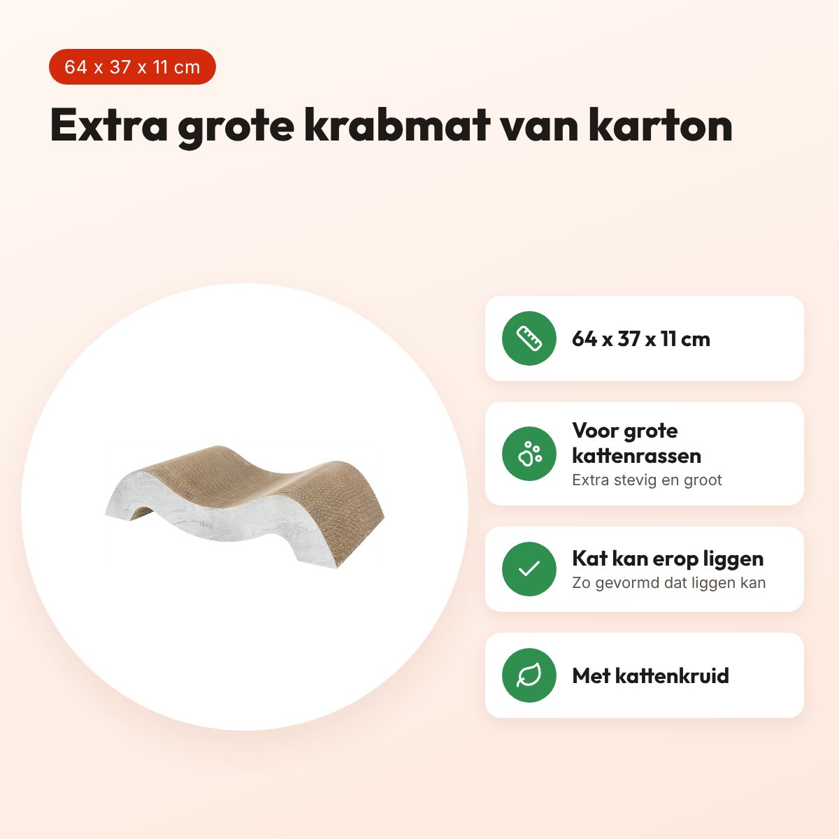 Trixie krabmat karton XXL golf grijs 64 x 37 x 11 cm – met catnip – voordelen