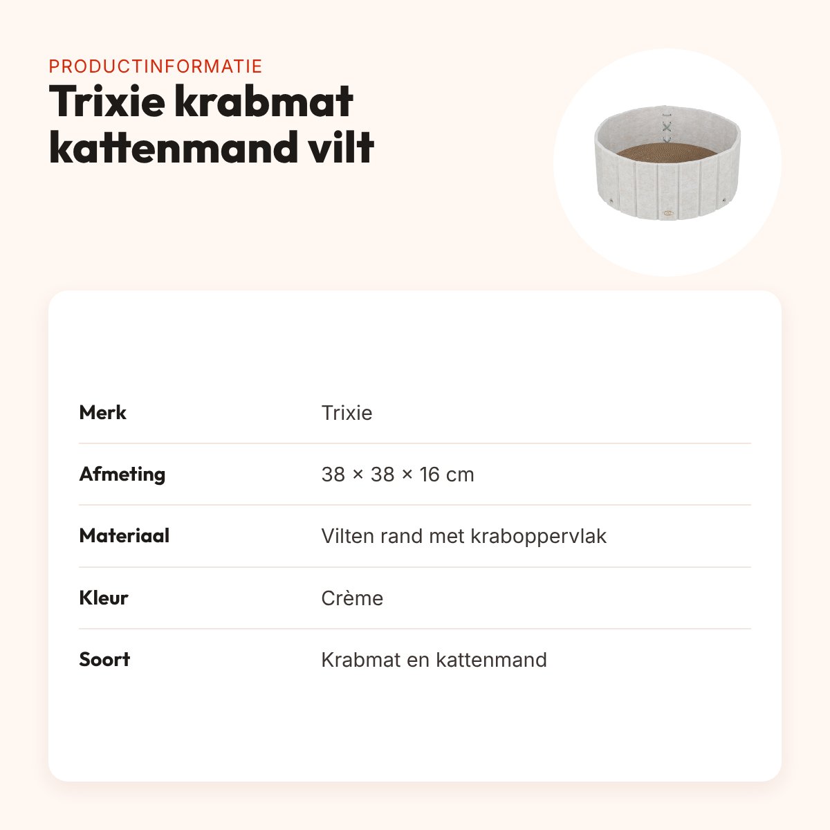 Trixie krabmat kattenmand met vilten rand crème 38 x 38 x 16 cm – productinformatie