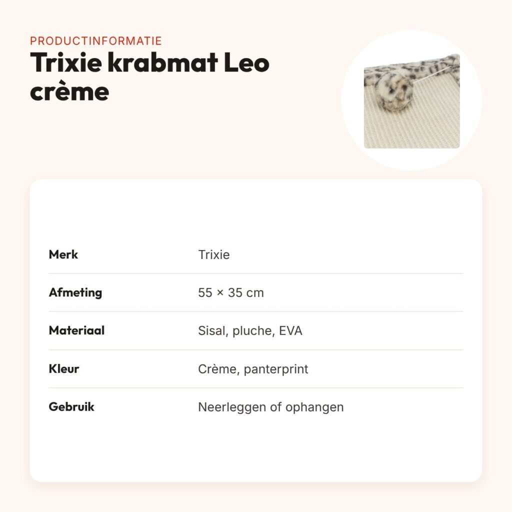 Trixie krabmat Leo panterprint crème 55 x 35 cm – met speelballetje – productinformatie