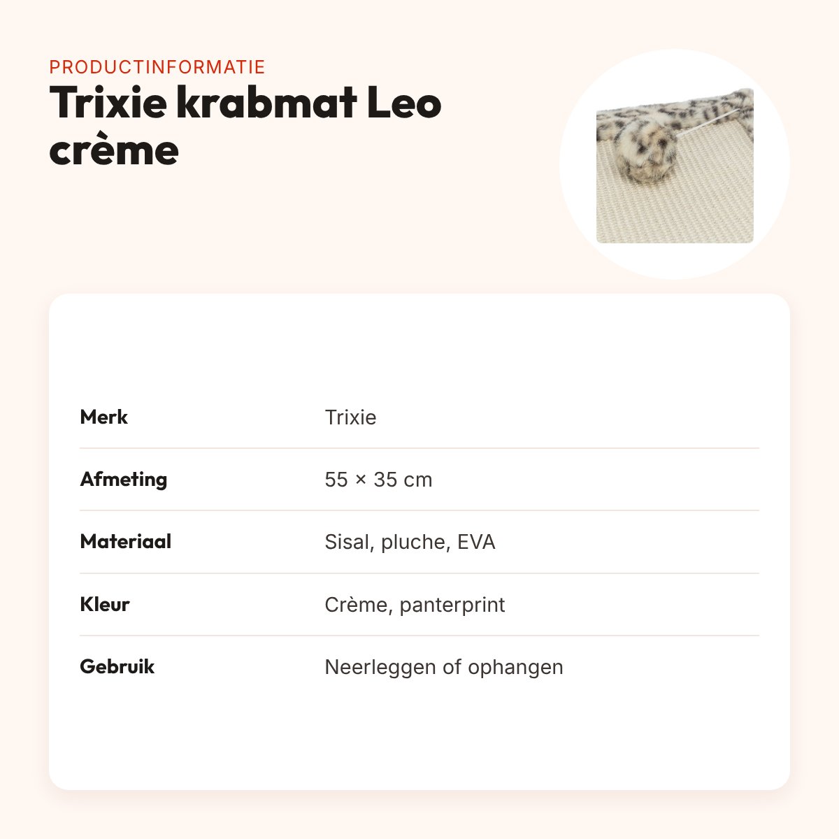 Trixie krabmat Leo panterprint crème 55 x 35 cm – met speelballetje – productinformatie