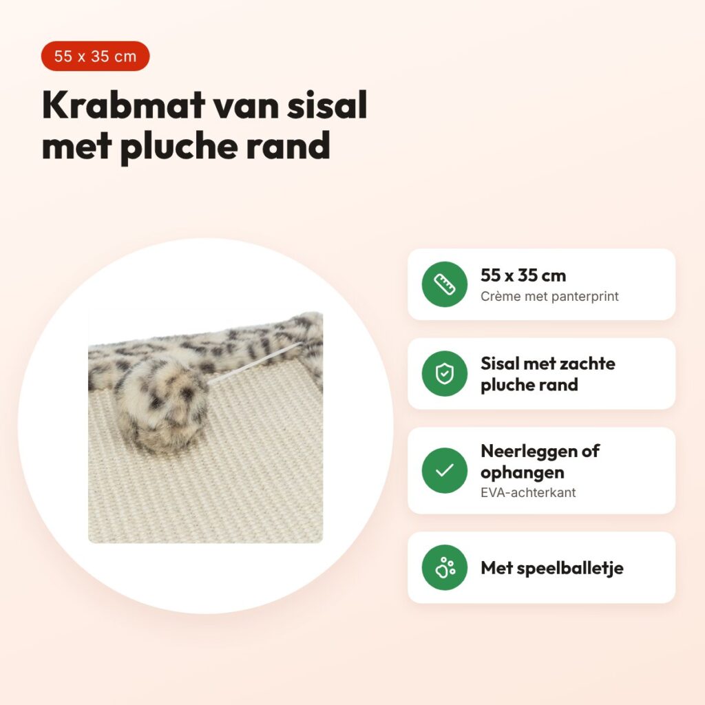 Trixie krabmat Leo panterprint crème 55 x 35 cm – met speelballetje – voordelen