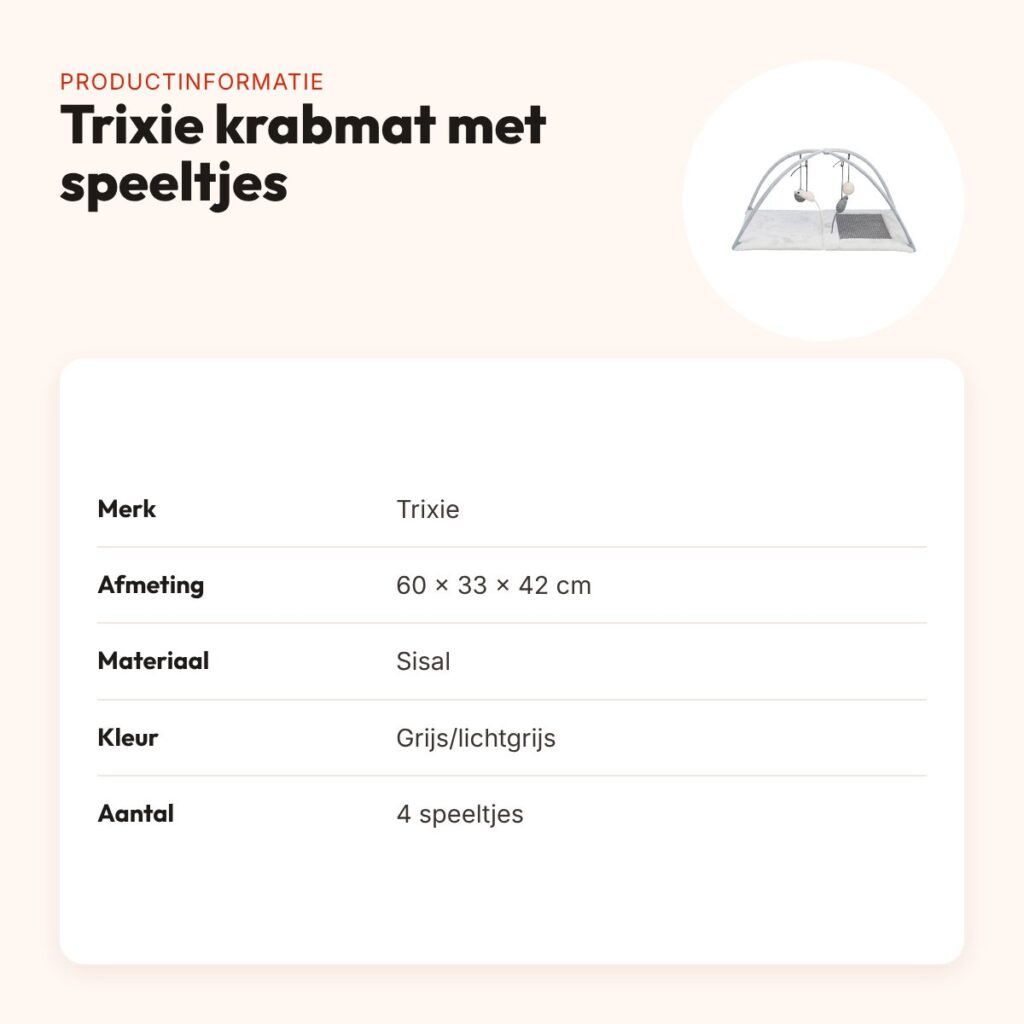 Trixie krabmat met 4 speeltjes aan koord grijs 60 x 33 x 42 cm – productinformatie