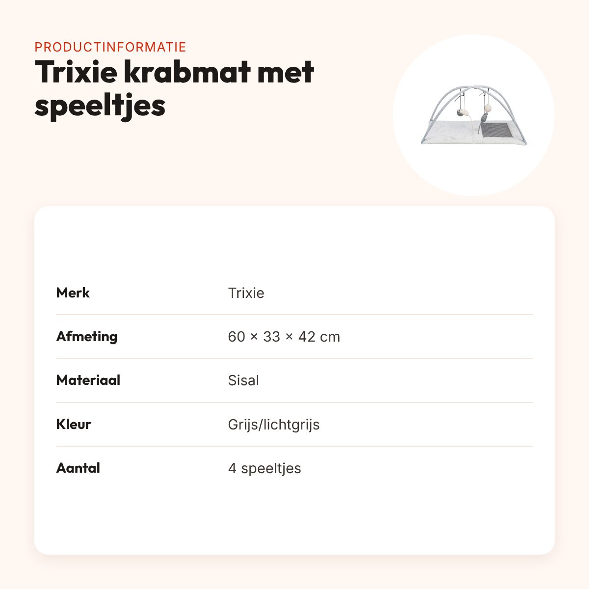 Trixie krabmat met 4 speeltjes aan koord grijs 60 x 33 x 42 cm – productinformatie