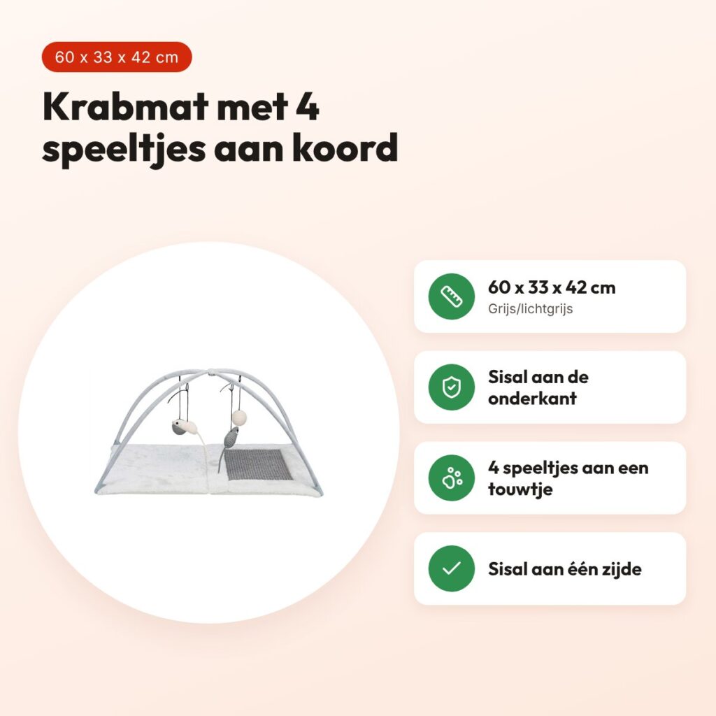 Trixie krabmat met 4 speeltjes aan koord grijs 60 x 33 x 42 cm – voordelen