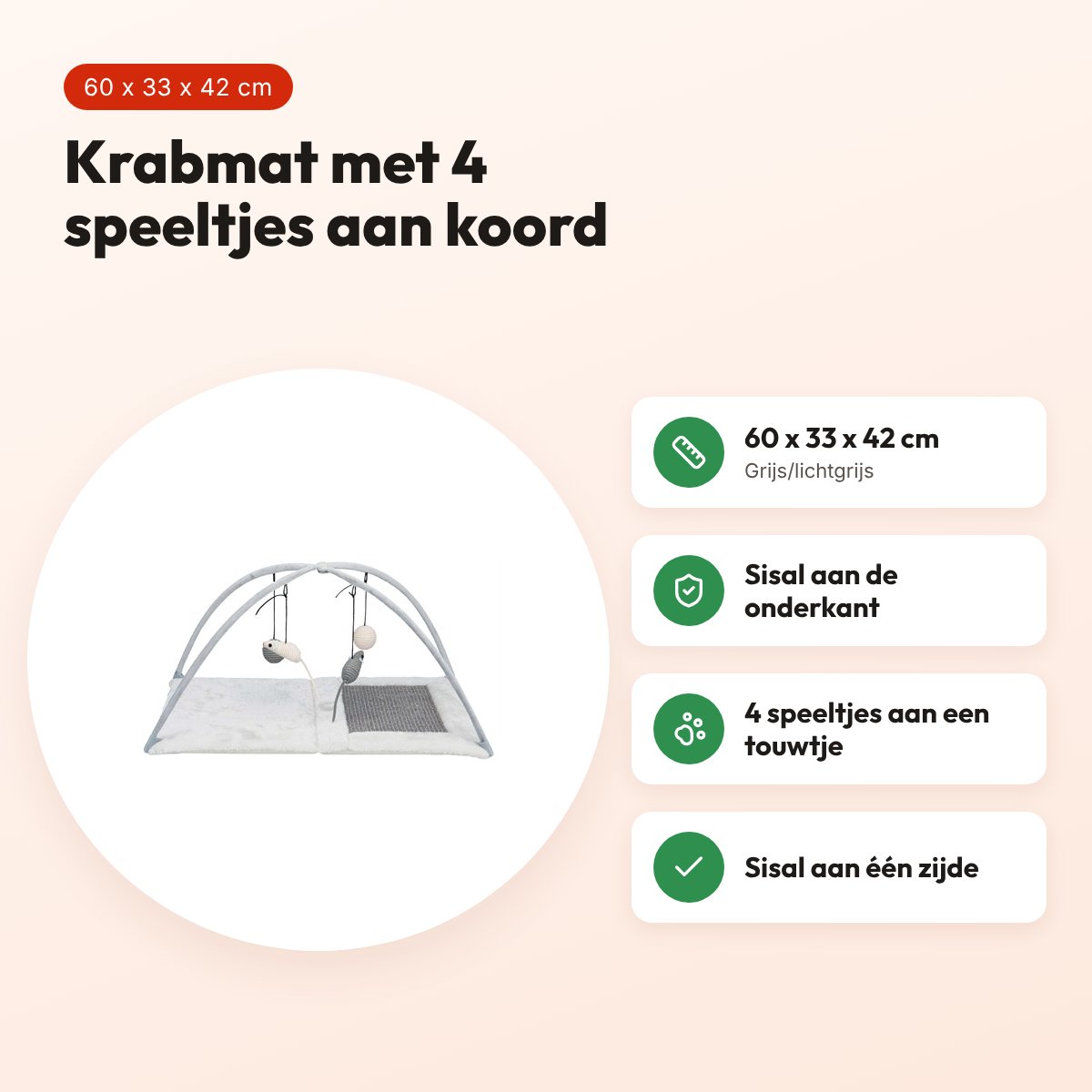 Trixie krabmat met 4 speeltjes aan koord grijs 60 x 33 x 42 cm – voordelen