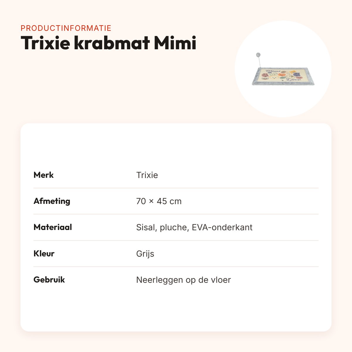 Trixie krabmat Mimi met speeltje grijs 70 x 45 cm – sisal met pluche rand – productinformatie