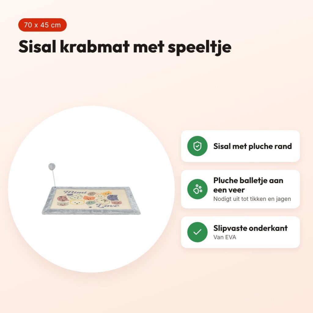 Trixie krabmat Mimi met speeltje grijs 70 x 45 cm – sisal met pluche rand – voordelen