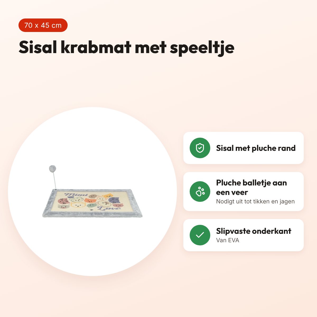 Trixie krabmat Mimi met speeltje grijs 70 x 45 cm – sisal met pluche rand – voordelen