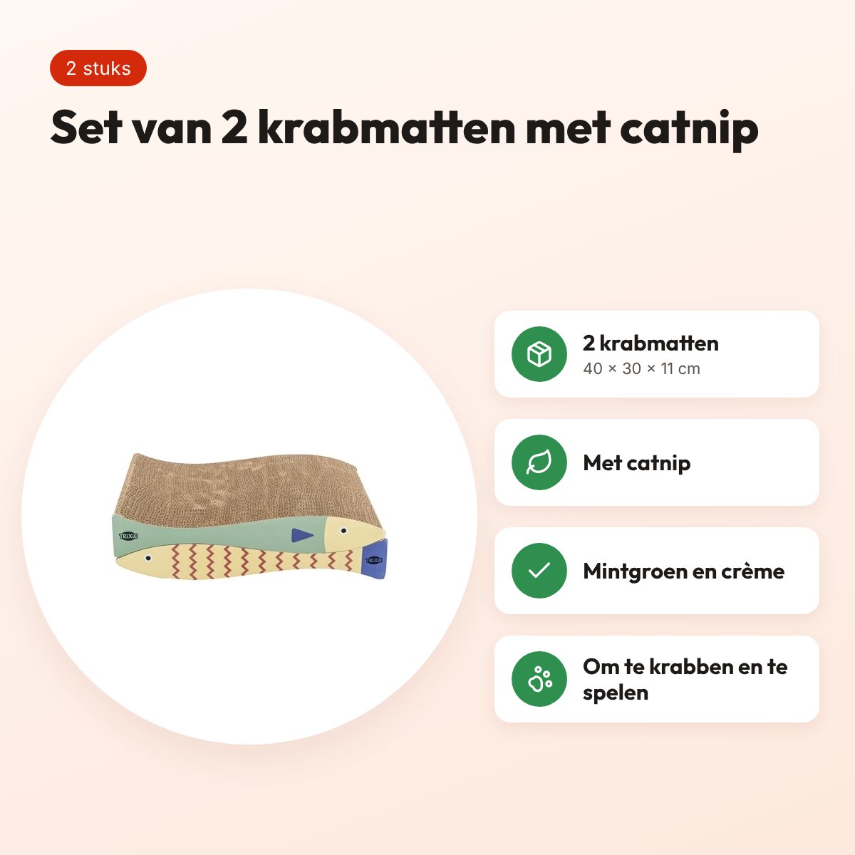 Trixie krabmat Vis met catnip mintgroen/crème 40 x 30 x 11 cm – set van 2 – voordelen