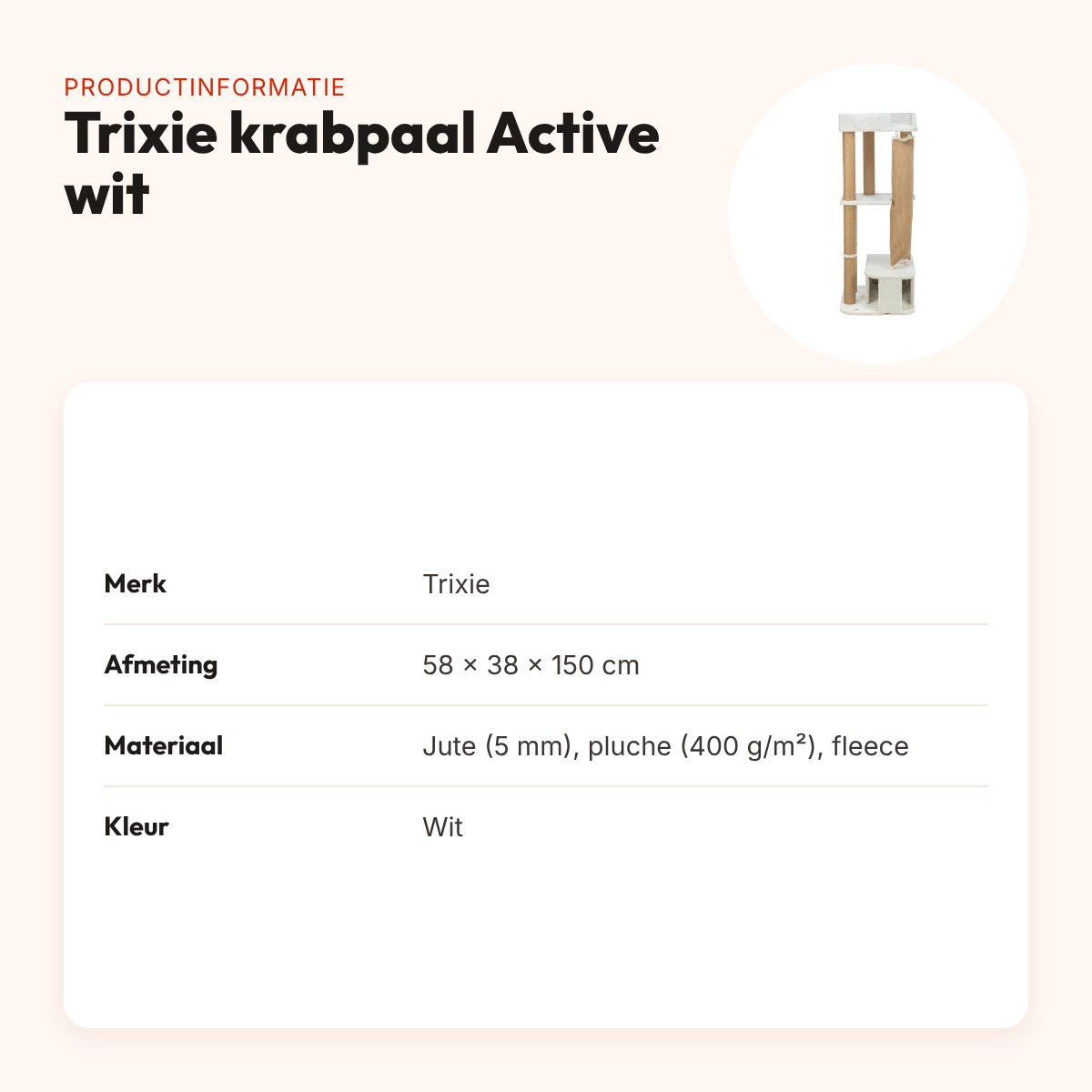 Trixie krabpaal Active wit 58 x 38 x 150 cm – jute en pluche – productinformatie