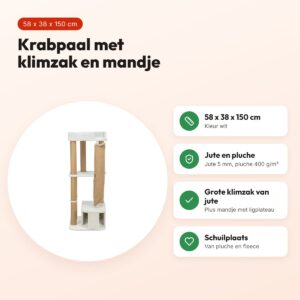 Trixie krabpaal Active wit 58 x 38 x 150 cm – jute en pluche – voordelen