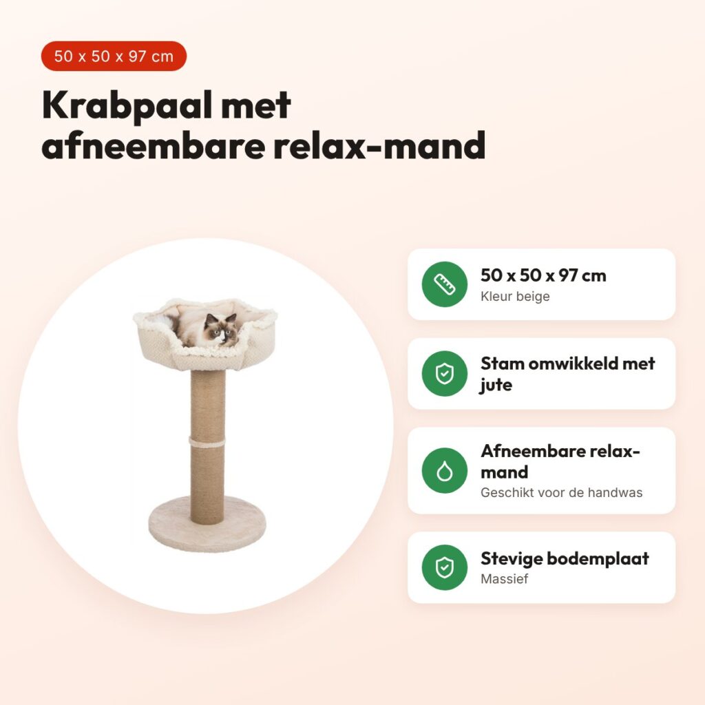 Trixie krabpaal Boho beige 50 x 50 x 97 cm – jute stam, relax-mand – voordelen