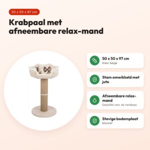 Trixie krabpaal Boho beige 50 x 50 x 97 cm – jute stam, relax-mand – voordelen