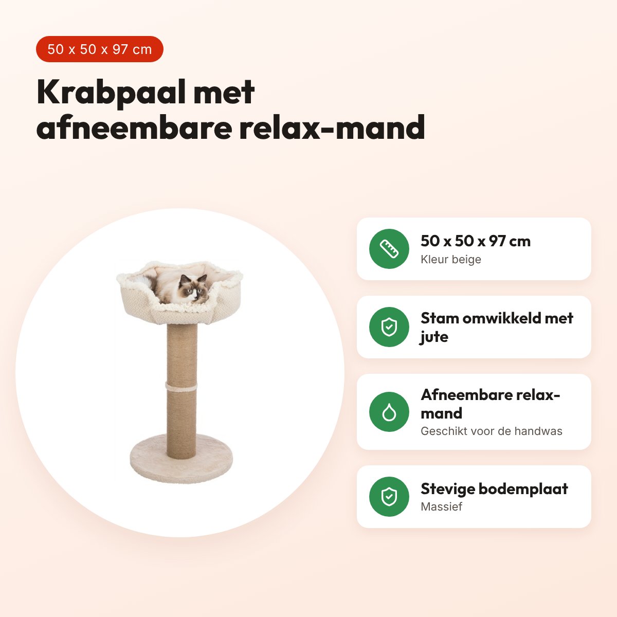 Trixie krabpaal Boho beige 50 x 50 x 97 cm – jute stam, relax-mand – voordelen