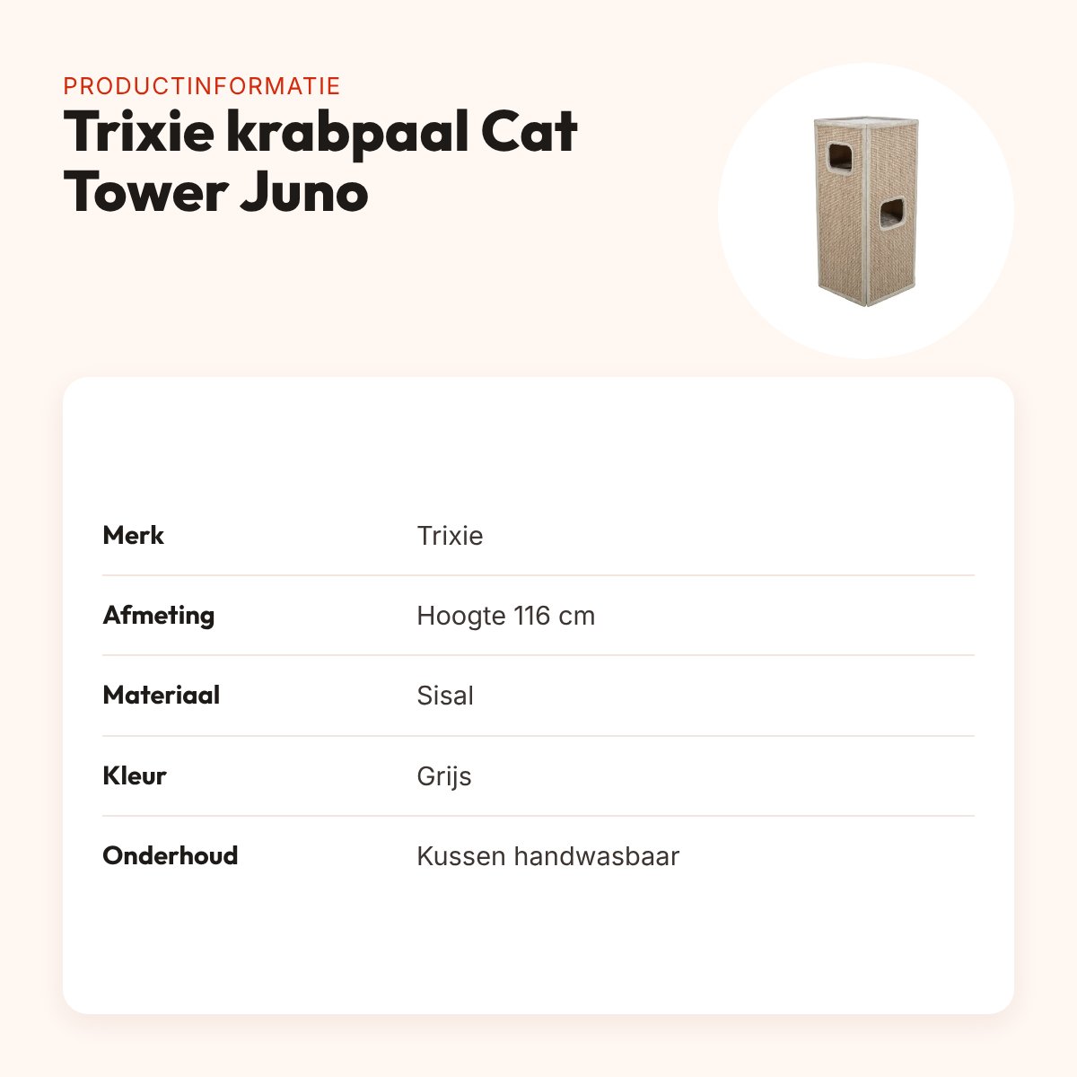 Trixie krabpaal Cat Tower Juno grijs 116 cm – wendbaar kussen – productinformatie