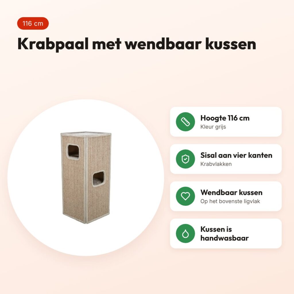 Trixie krabpaal Cat Tower Juno grijs 116 cm – wendbaar kussen – voordelen