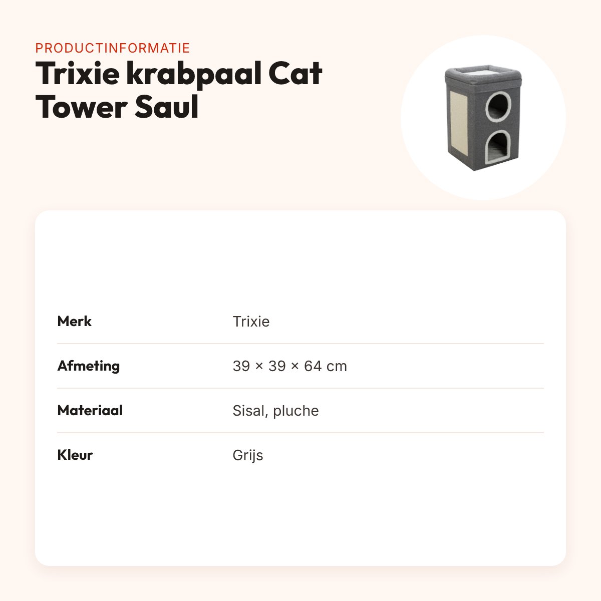 Trixie krabpaal Cat Tower Saul grijs 39 x 39 x 64 cm – krabton – productinformatie