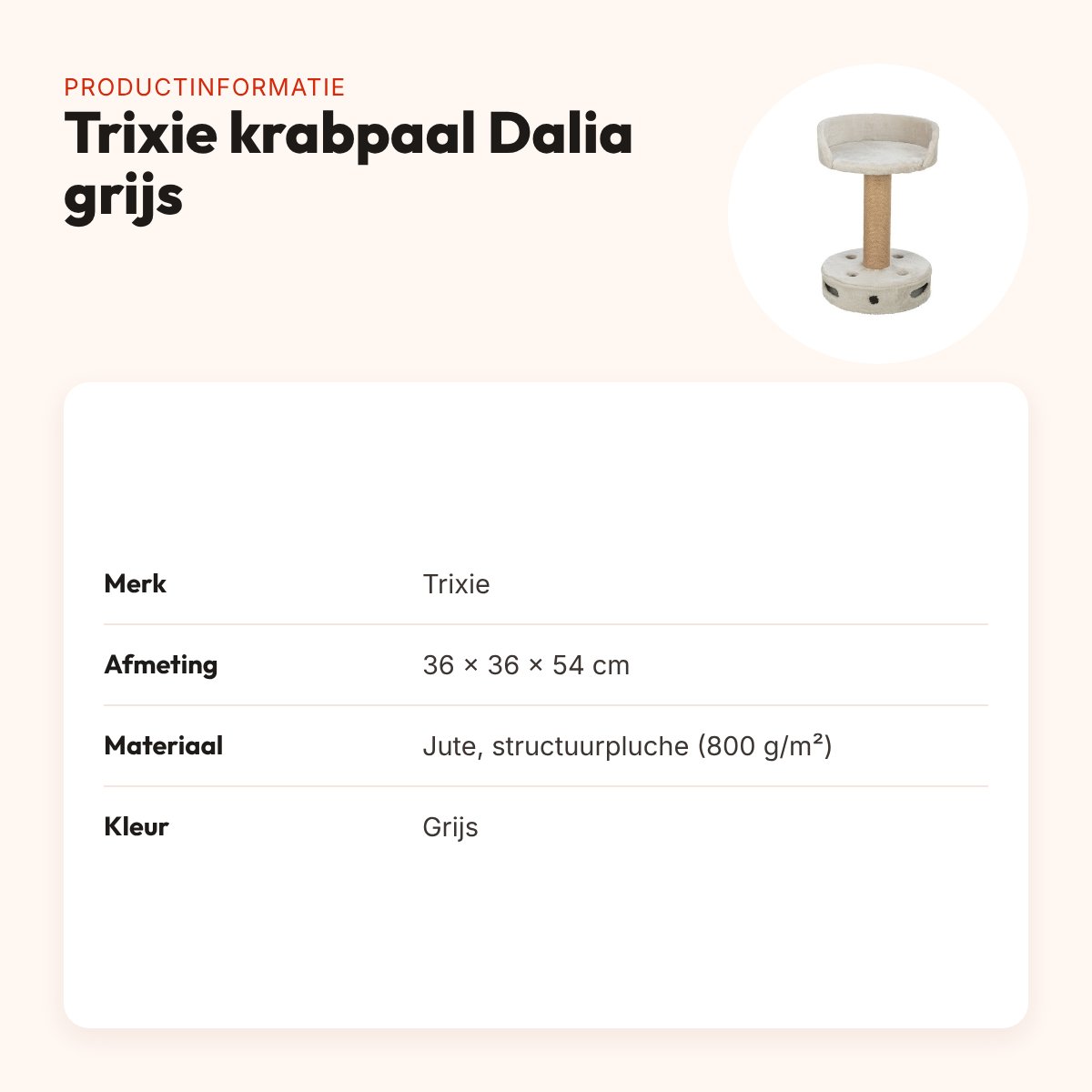 Trixie krabpaal Dalia grijs 36 x 36 x 54 cm – jute krabstam – productinformatie