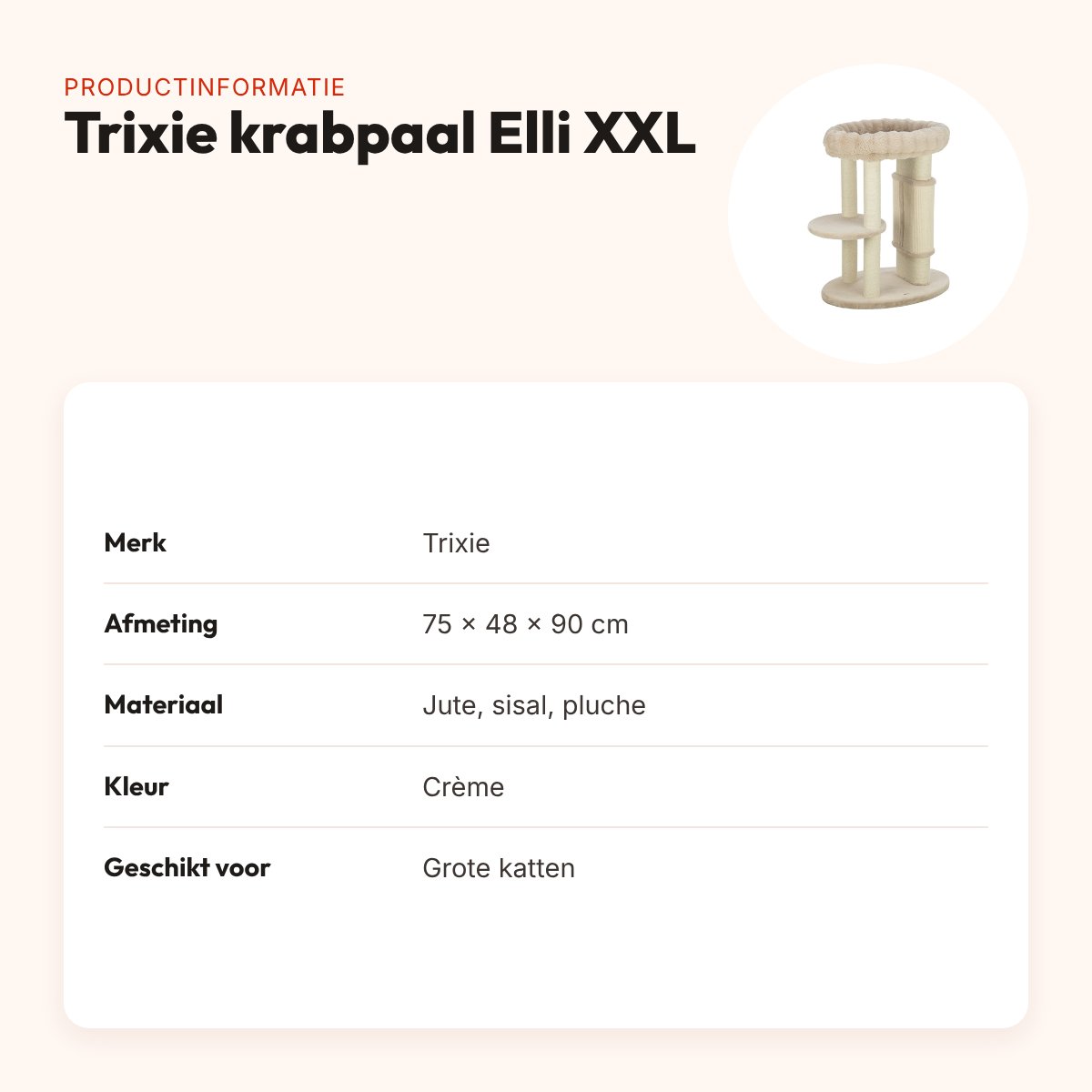 Trixie krabpaal Elli XXL crème 75 x 48 x 90 cm – voor grote katten – productinformatie