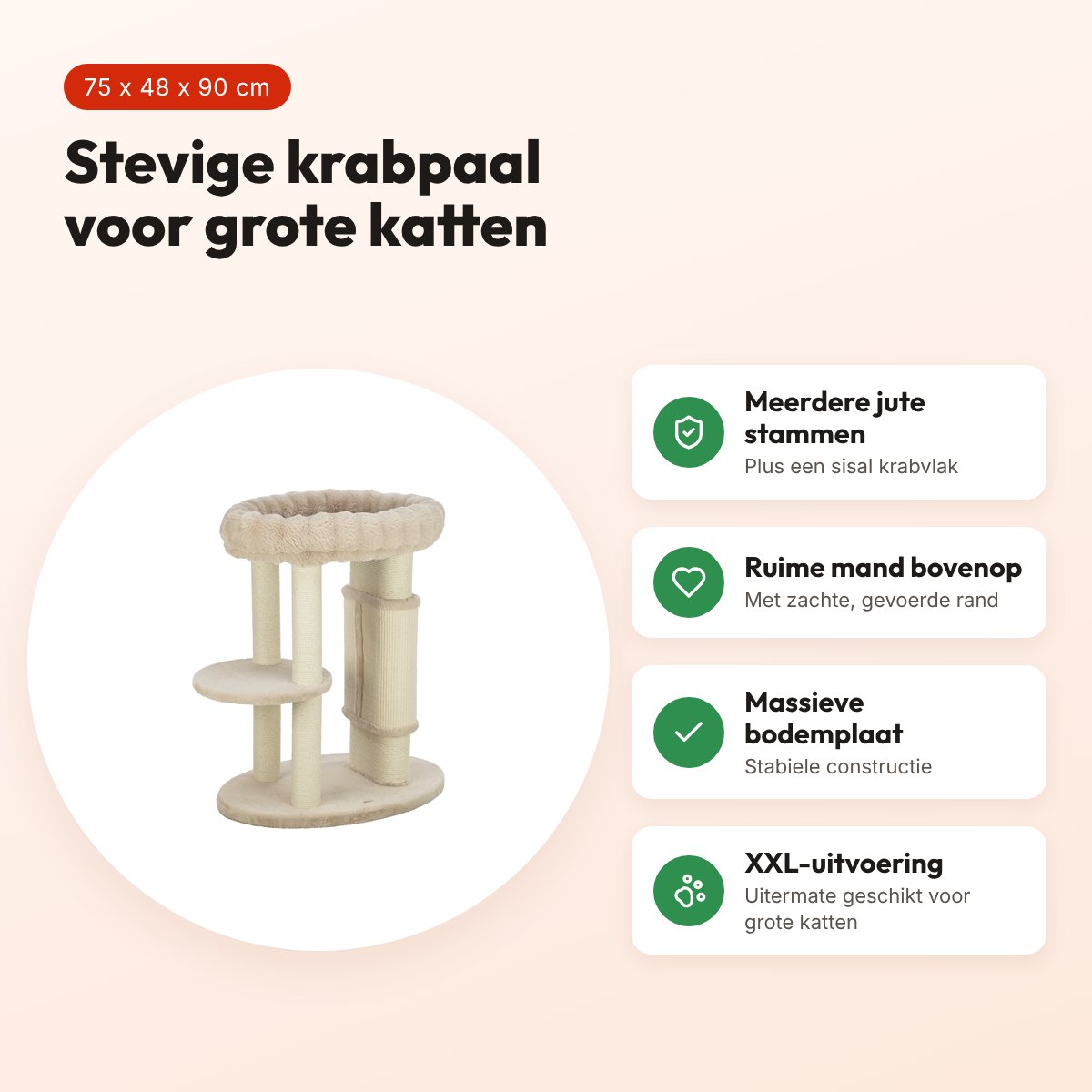 Trixie krabpaal Elli XXL crème 75 x 48 x 90 cm – voor grote katten – voordelen