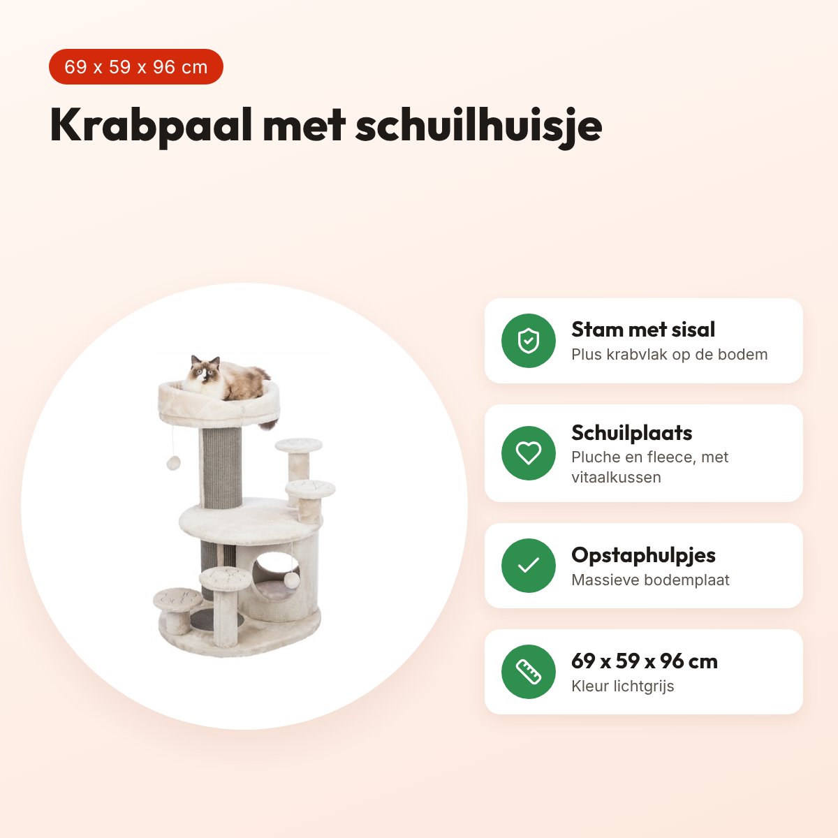 Trixie krabpaal Emil lichtgrijs 69 x 59 x 96 cm – schuilhuisje – voordelen