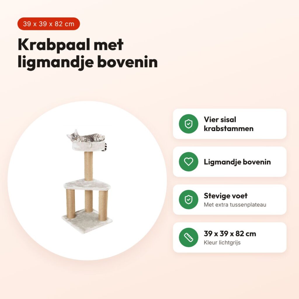 Trixie krabpaal Ivan lichtgrijs 39 x 39 x 82 cm – met ligmand – voordelen